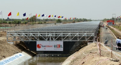 Solar Panels over the Narmada Canal in India.