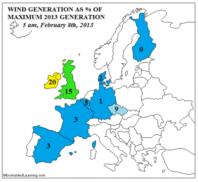 Figure 9:  Map of percent of maximum wind generation, February 2013