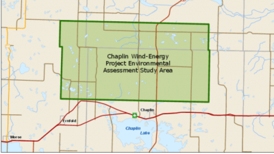 This diagram shows the environmental assessment study area for a wind turbine system, proposed to be built in the area north of Chaplin, Sask. 